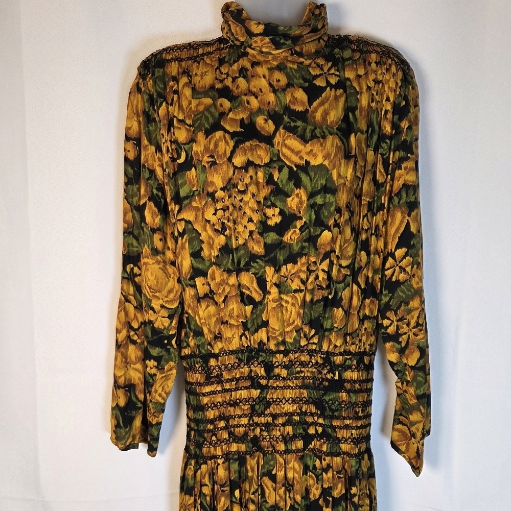 Vintage Barboglio Long Sleeve High Neck Maxi Dress Colorful Yellow Black Flowers - Picture 7 of 7